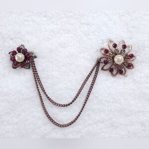 Vintage Double Brooch Ruby Red & Clear Rhinestone Floral Chatelaine Sweater Pins